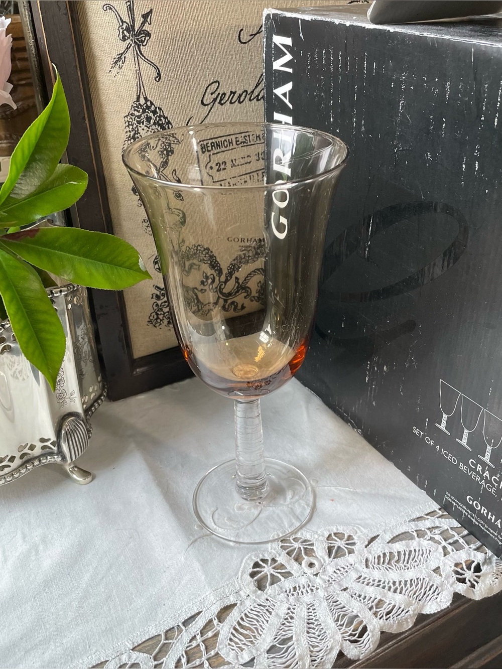 Vintage Gorham Crystal Sienna Amber Crackle Glasses